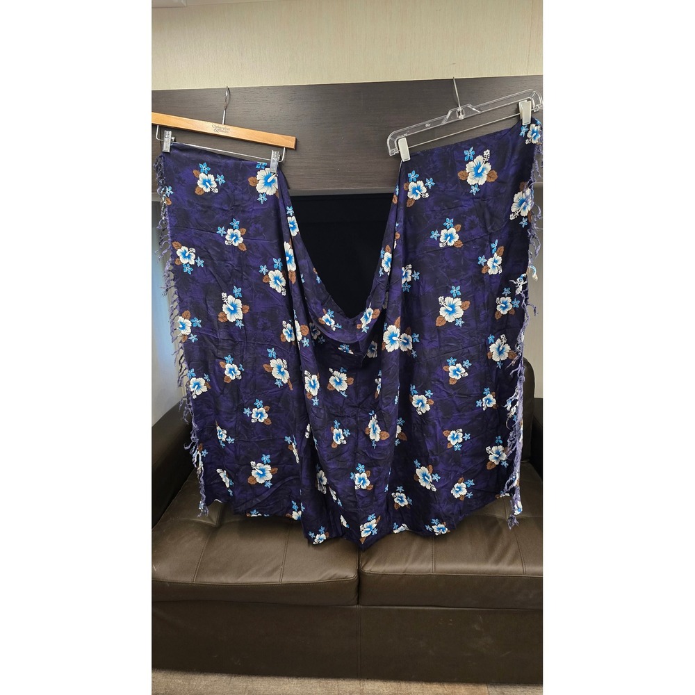 Navy Hibiscus Floral Print Sarong Wrap Beach Coverup with Fringe Trim